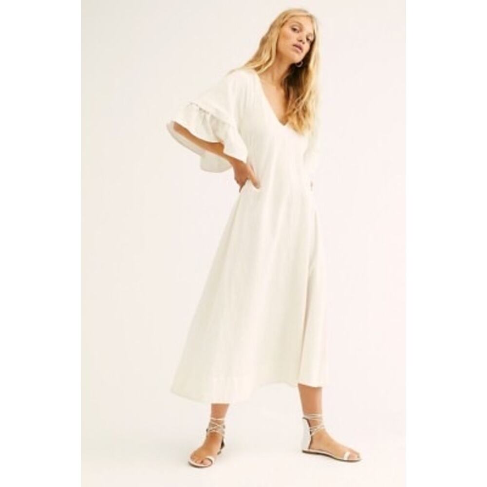 Free People What A Stunner Ivory Linen Blend Midi Dress Ruffle Sleeve Boho